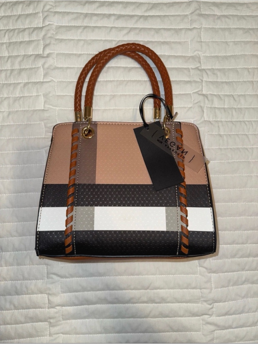 Patchwork Stripe Satchel Handbag - Brown/Tan/White